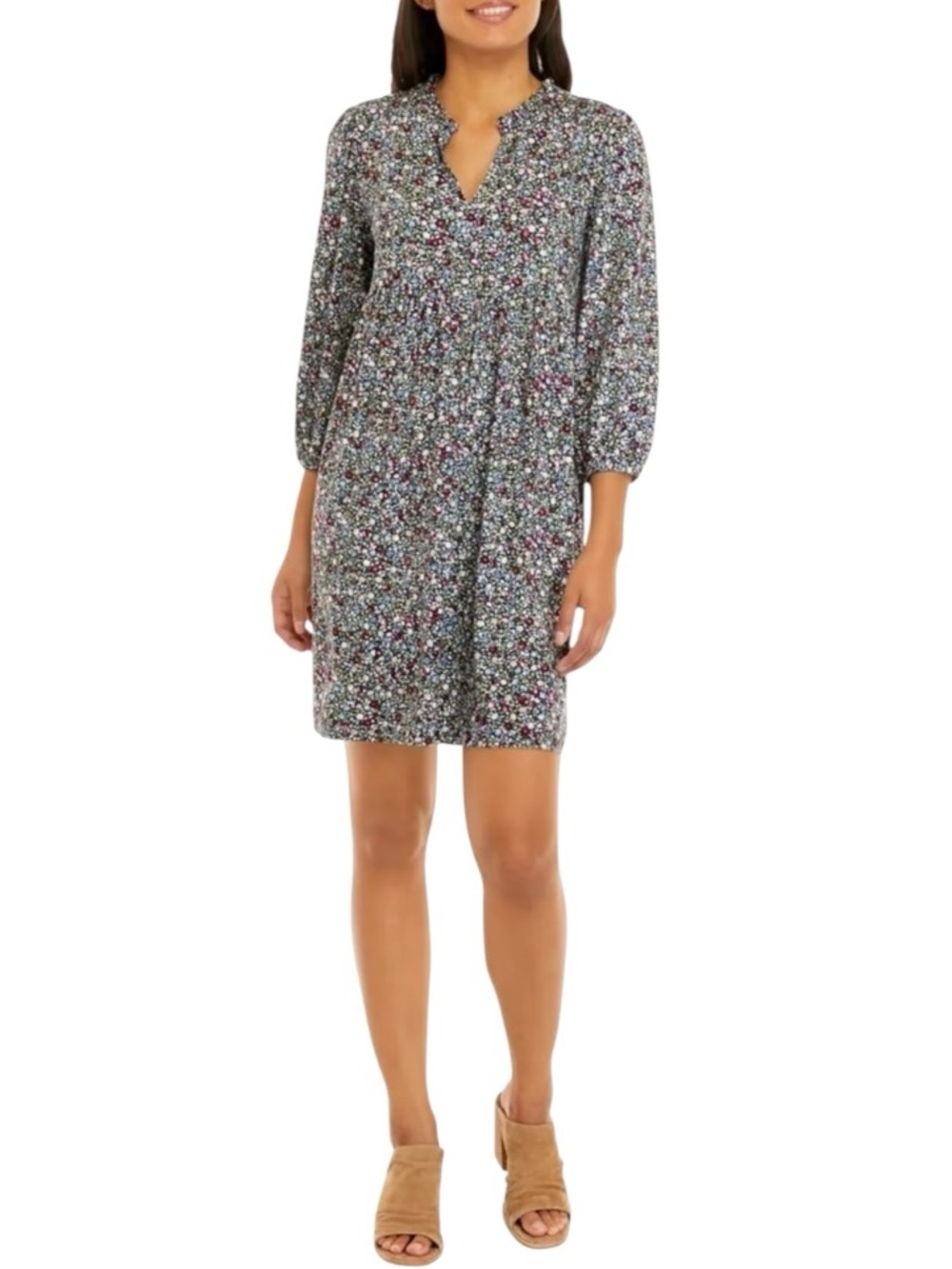 Wonderly Floral Knit Dress XL Long Sleeve Split Neck Shift Dress Stretch Casual